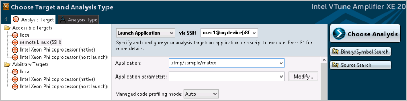 Choose Target and Analysis Type Window